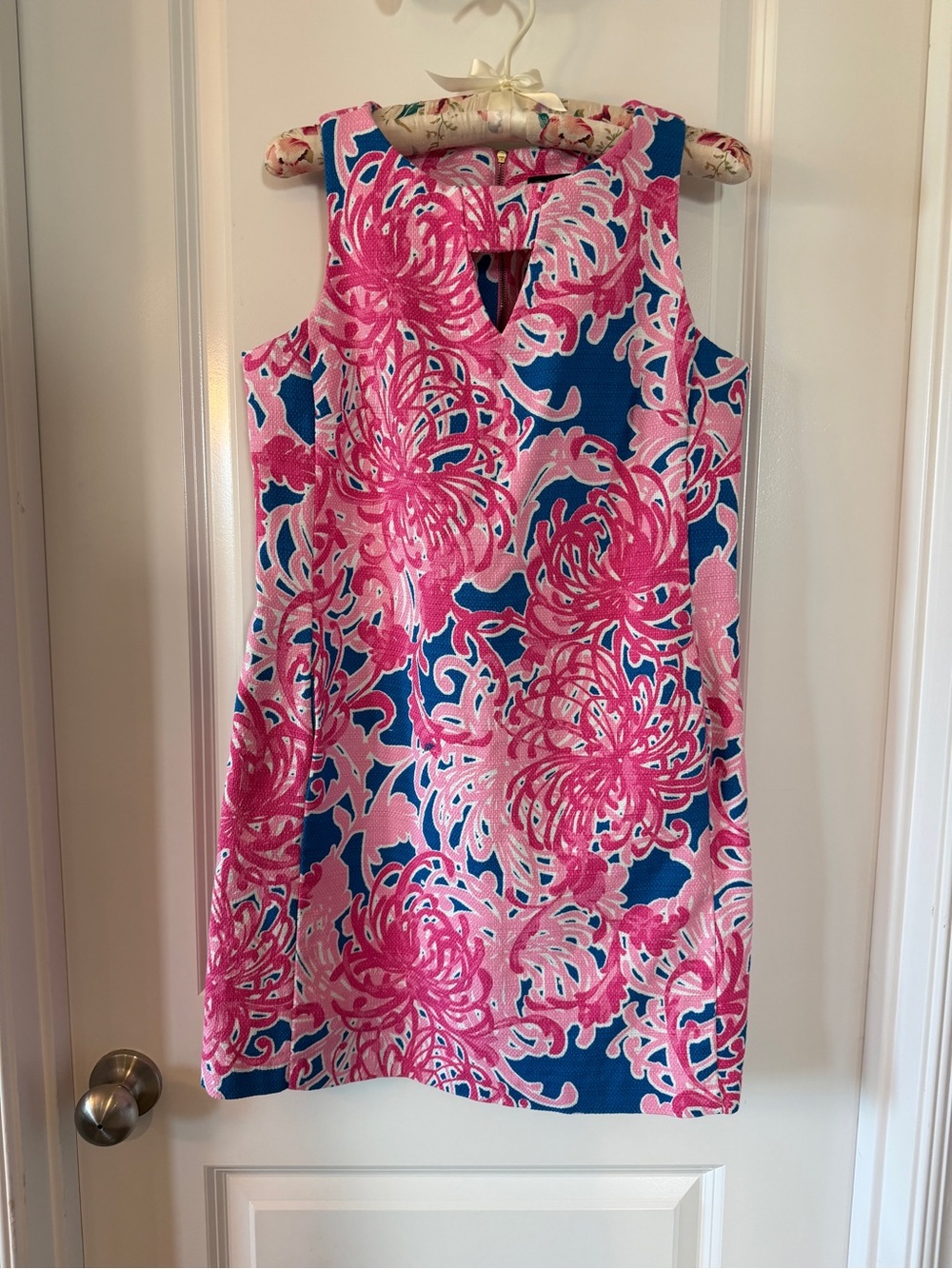 Pink &‎ Blue Floral Sleeveless Shift Dress Keyhole Neckline Cotton With Pockets